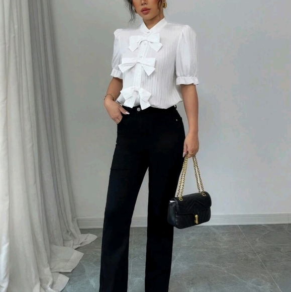 Fashion Versatile Stand Collar Bow Decor Bubble Sleeve Textured Fabric Women - Picture 2 of 4